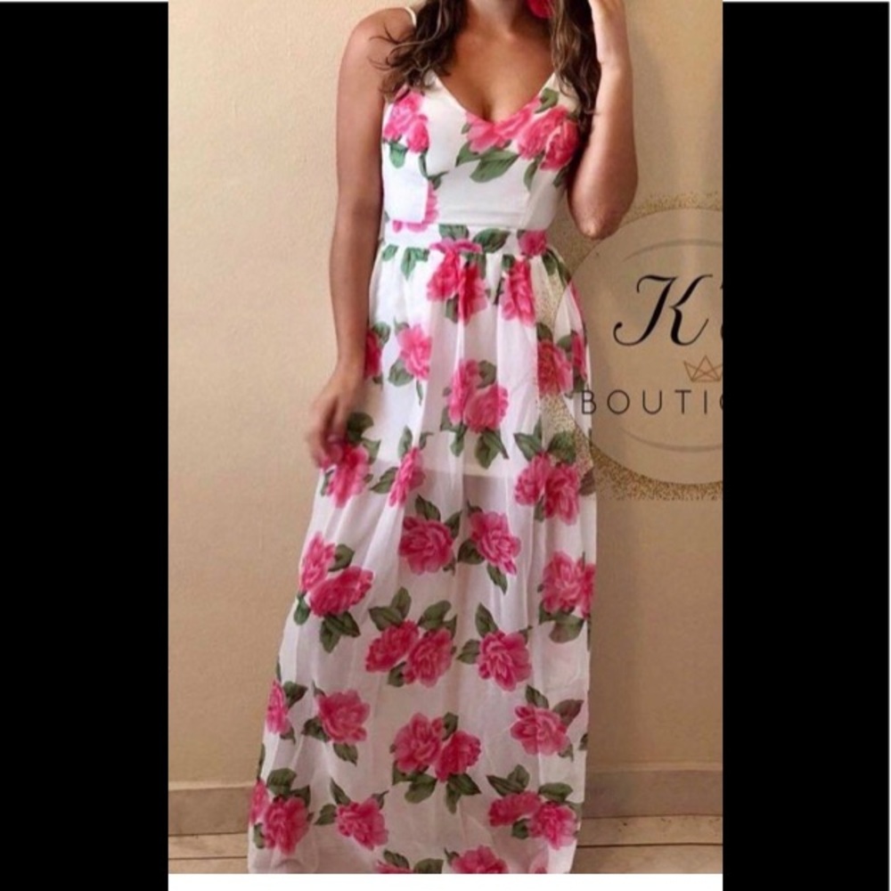 White hot pink backless floral maxi dress crisscross tropical print valentines